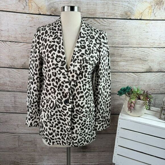 J. Crew Jackets & Blazers - J Crew Women's Size 2 Brown Linen Leopard Print Mid-Length Summer Blazer